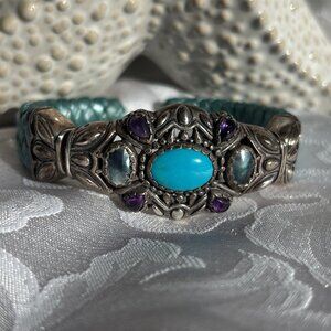 CAROLYN POLLACK 925 TURQUOISE & AMETHYST LEATHER CUFF BRACELET